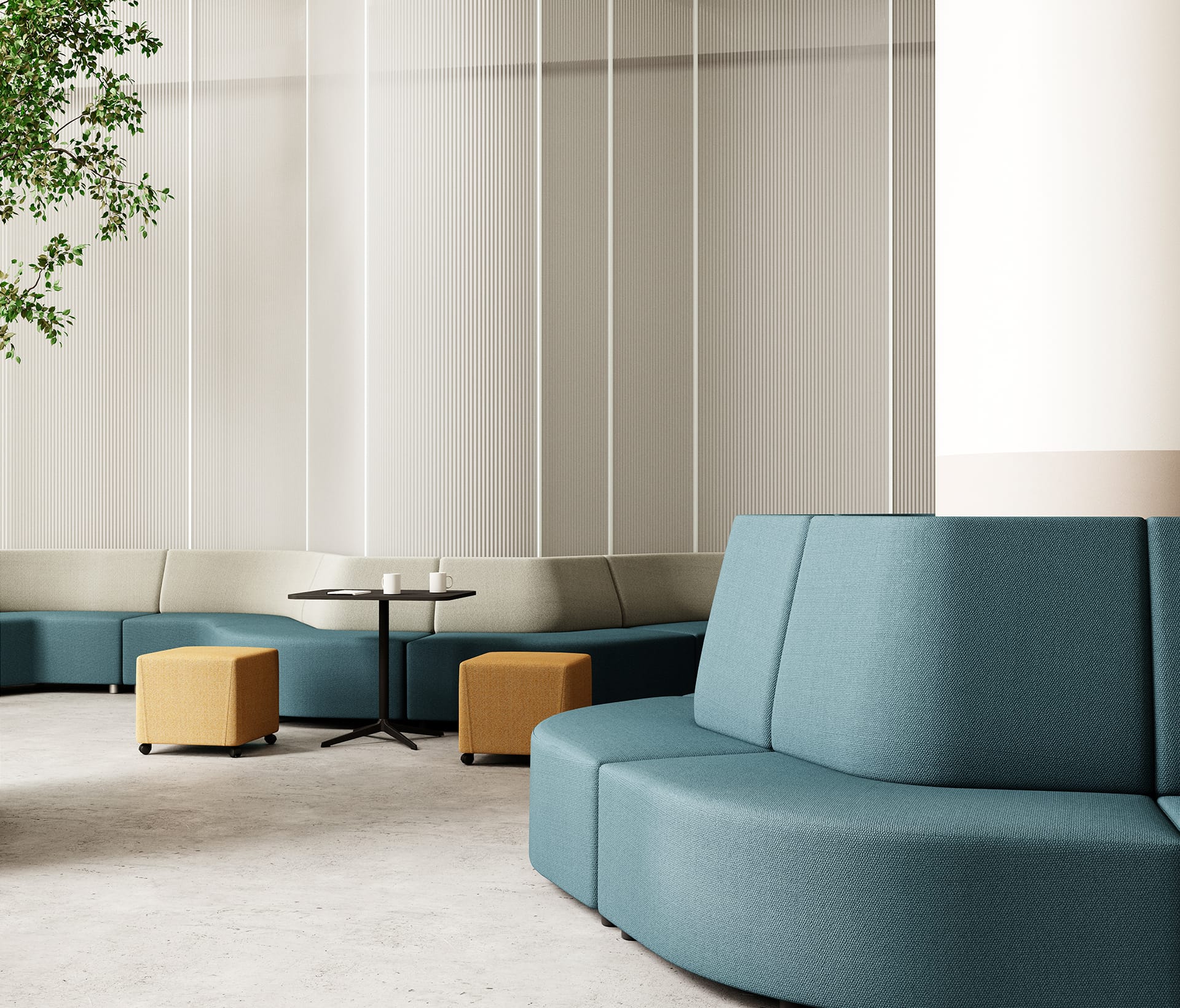 blue and white office sofas with a plant