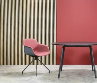 red office chair with table