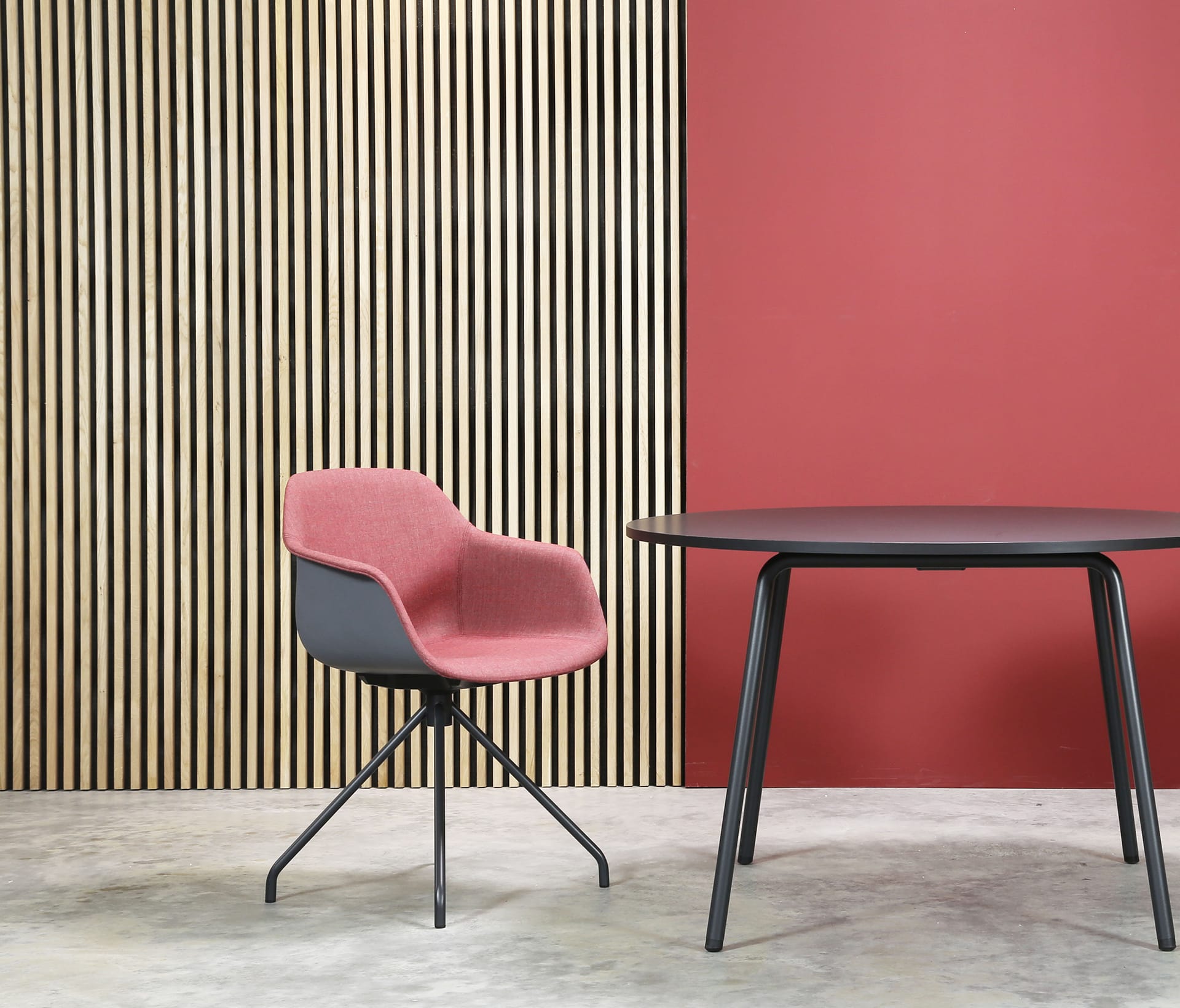 red office chair with table