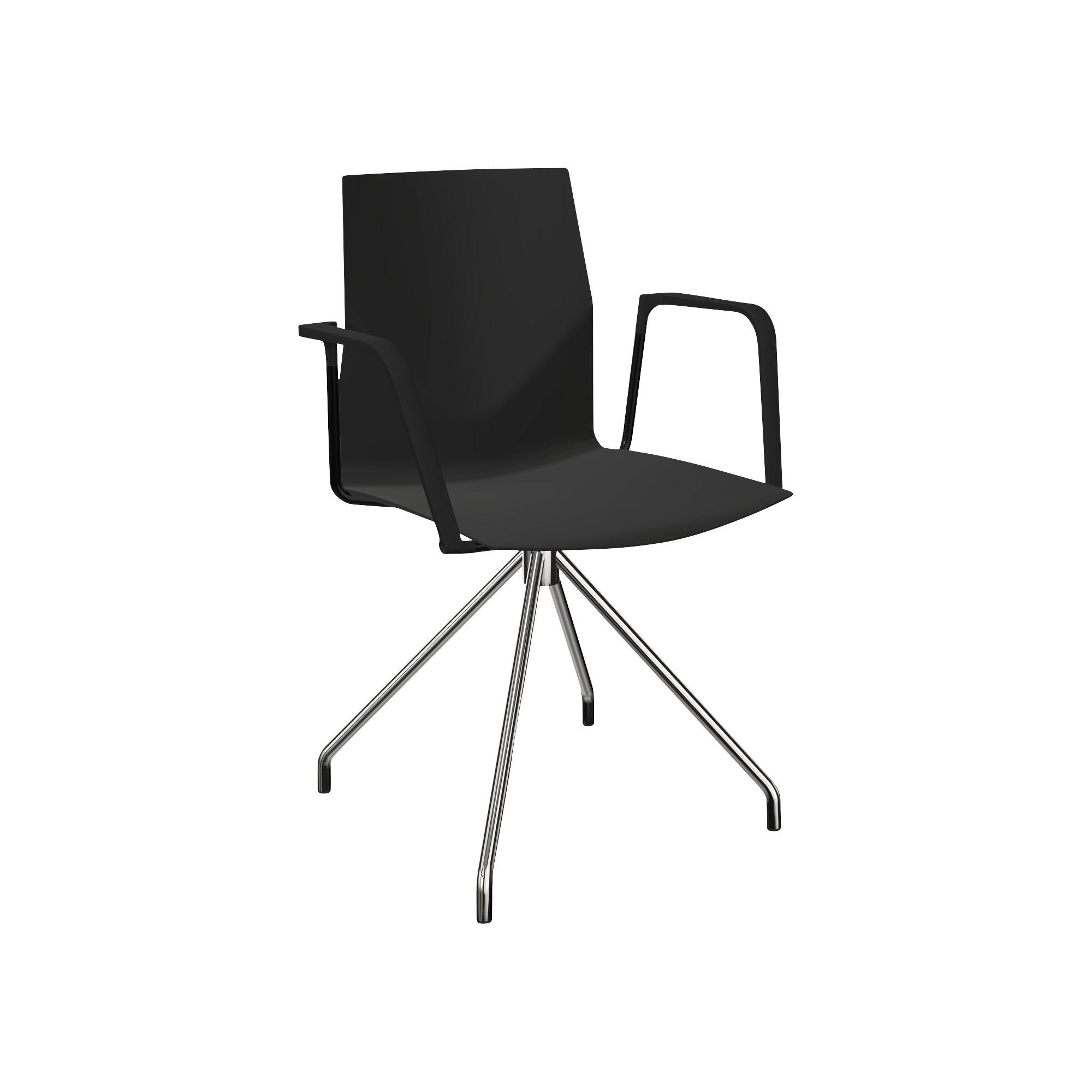 A black chair with metal legs.