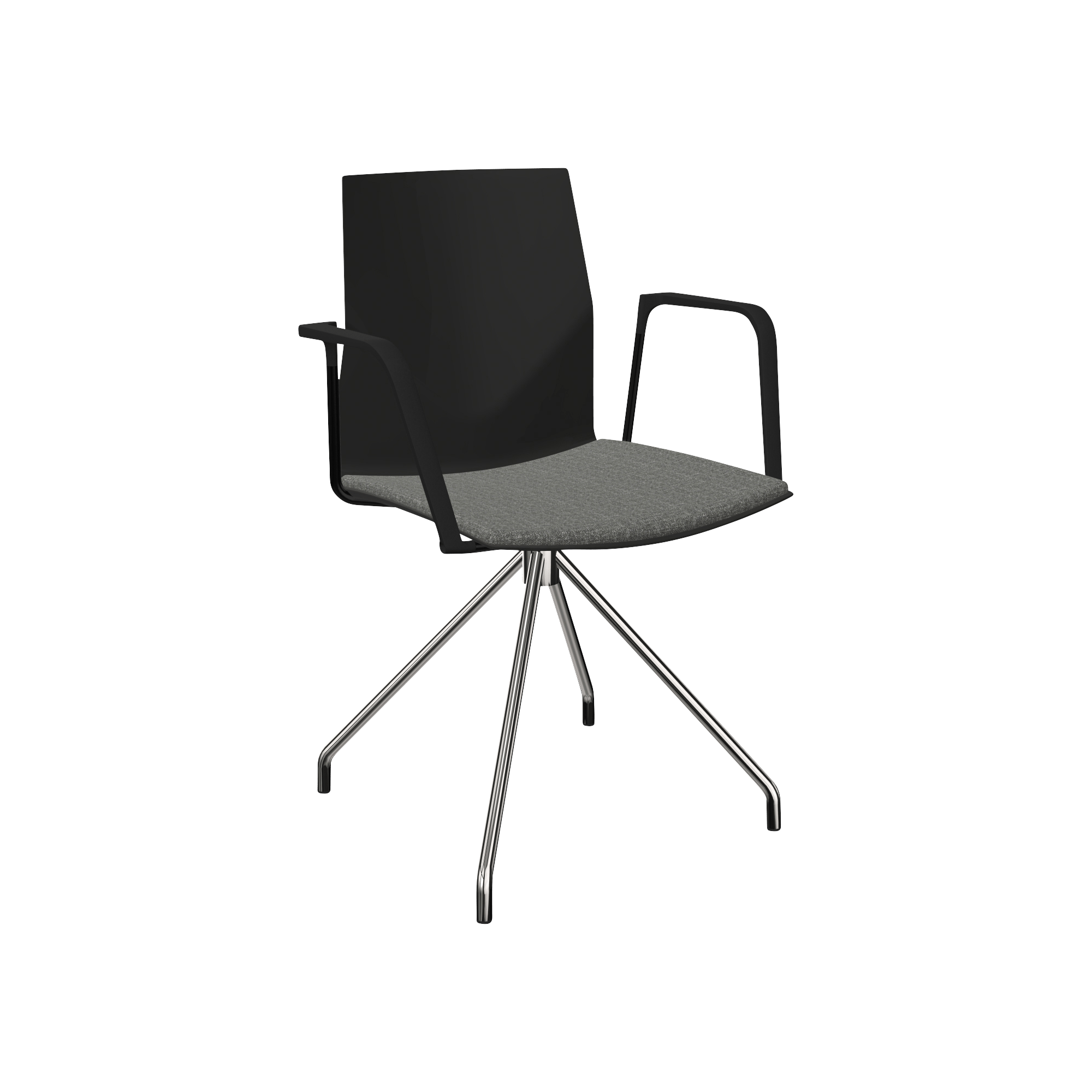 A black chair with metal legs.