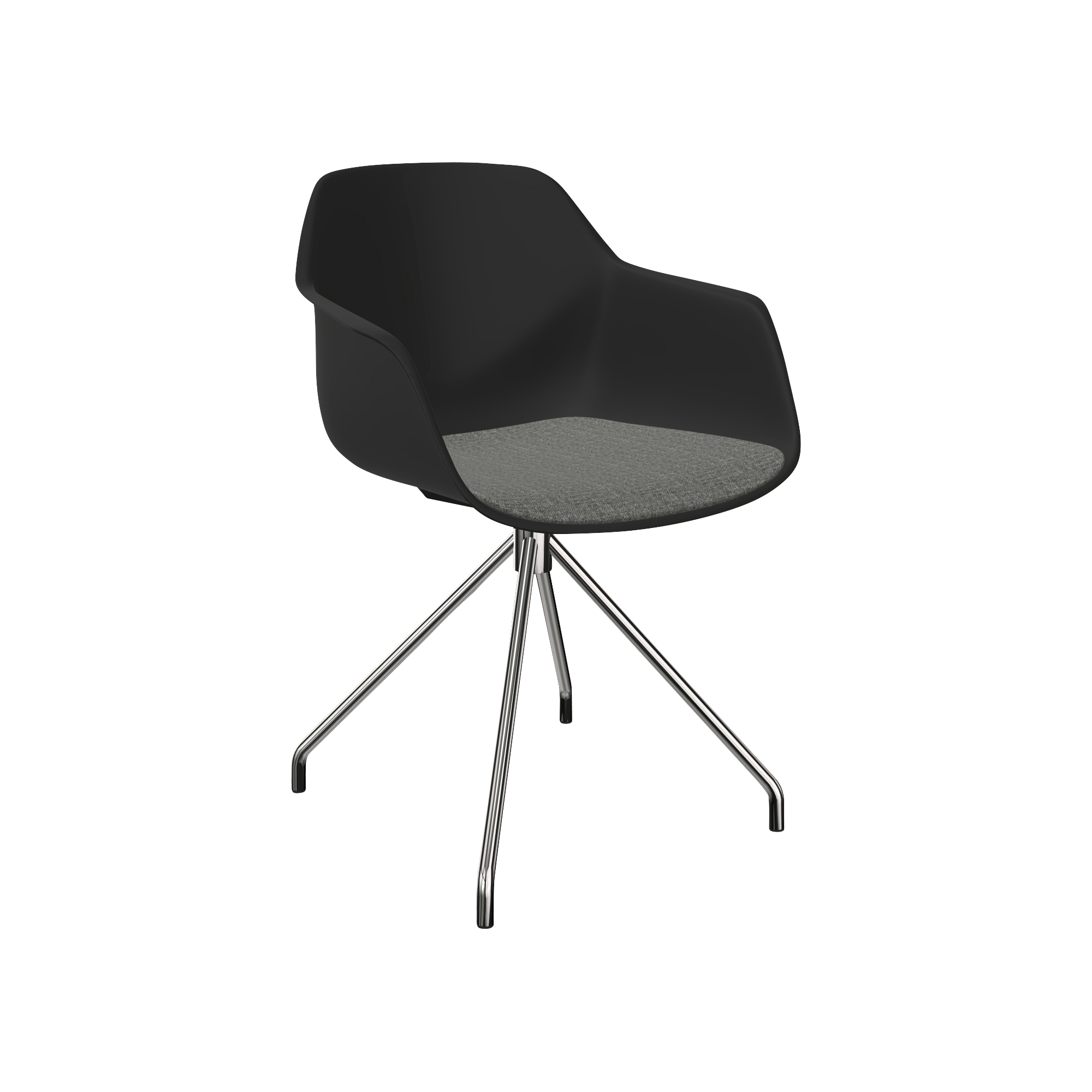 A black designer desk chair with a metal frame