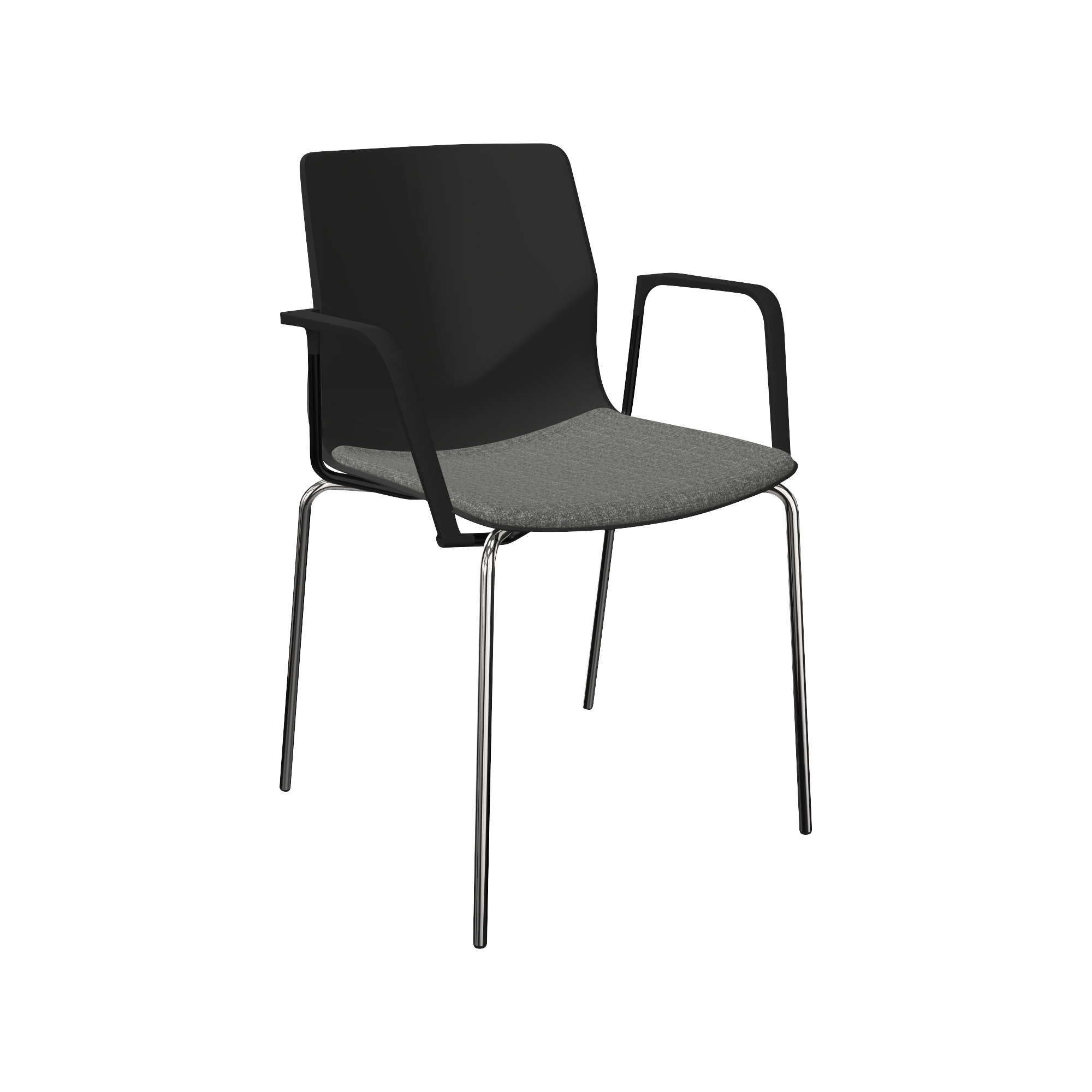 A black designer desk chair with metal legs