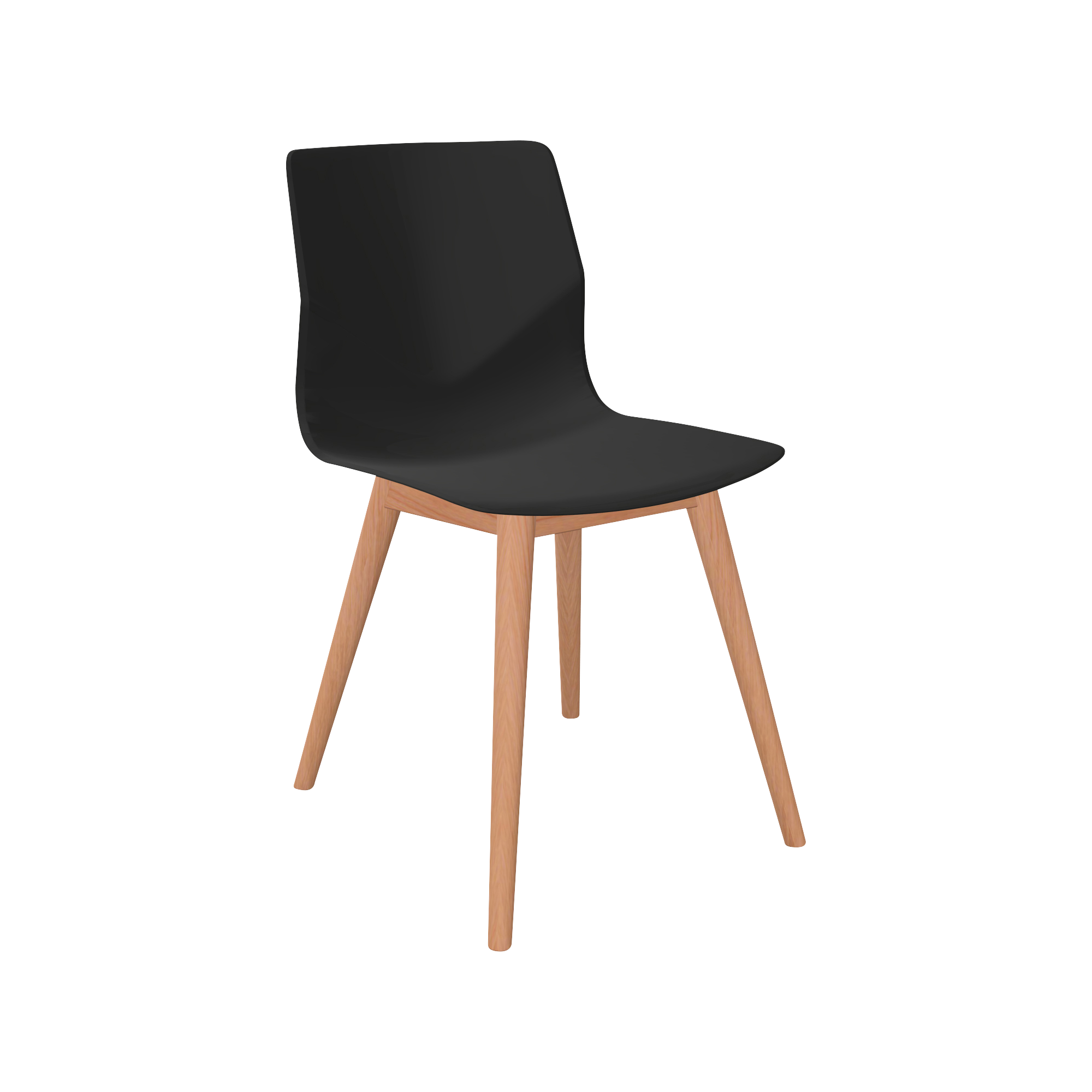 A black designer desk chair with wooden legs