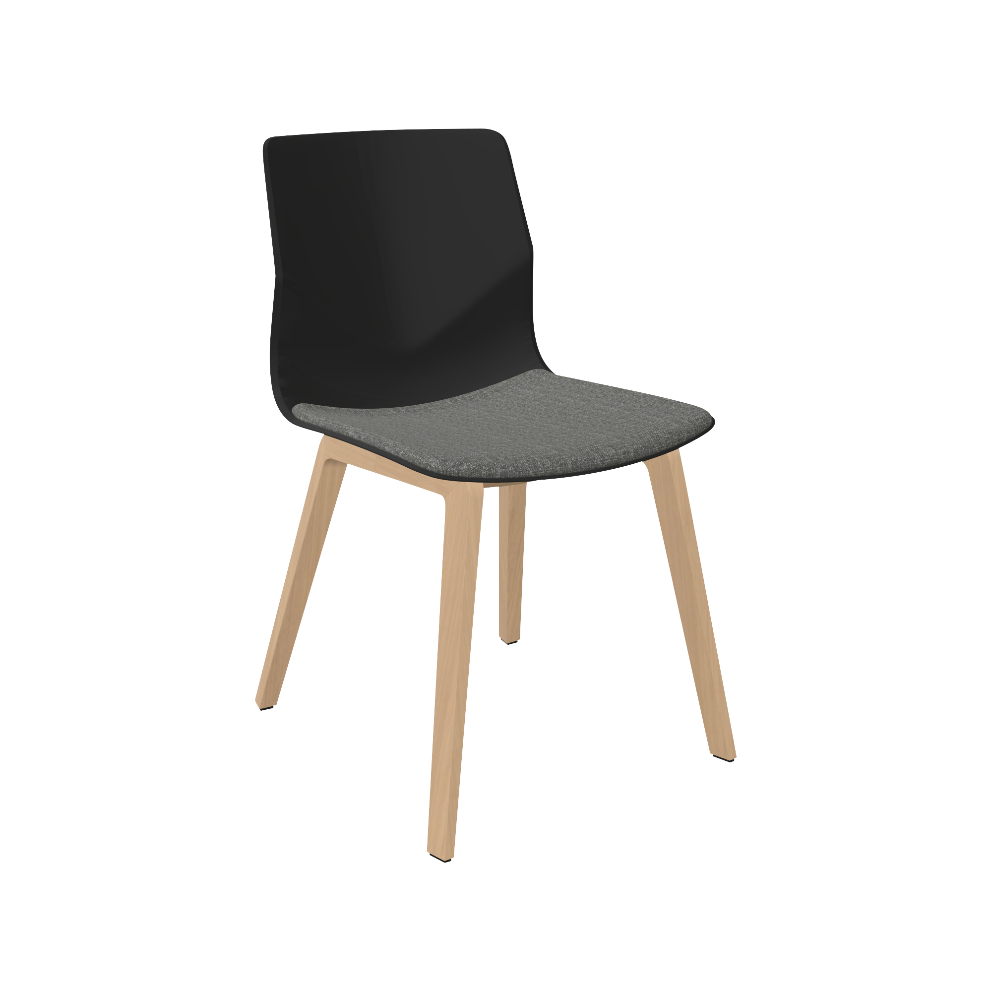 A grey designer desk chair with wooden legs