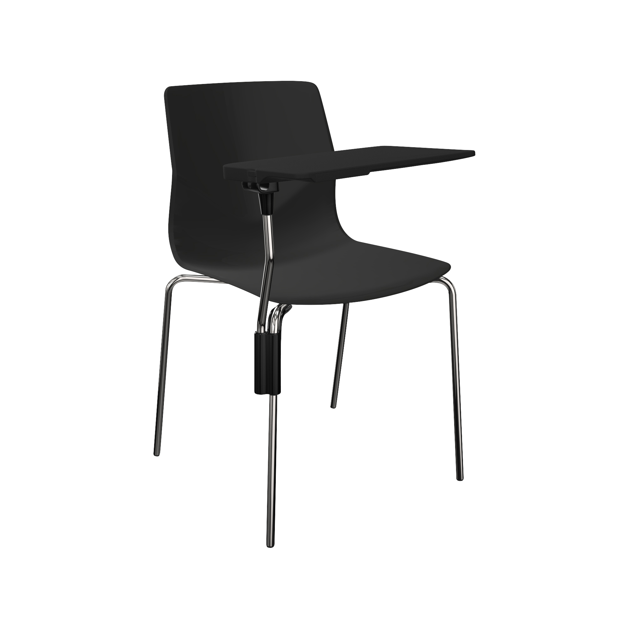 A grey designer desk chair with a desk attached