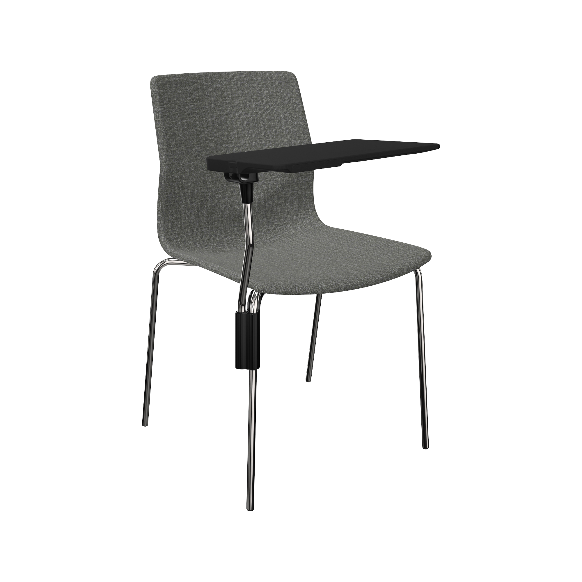 A grey designer desk chair with a desk attached