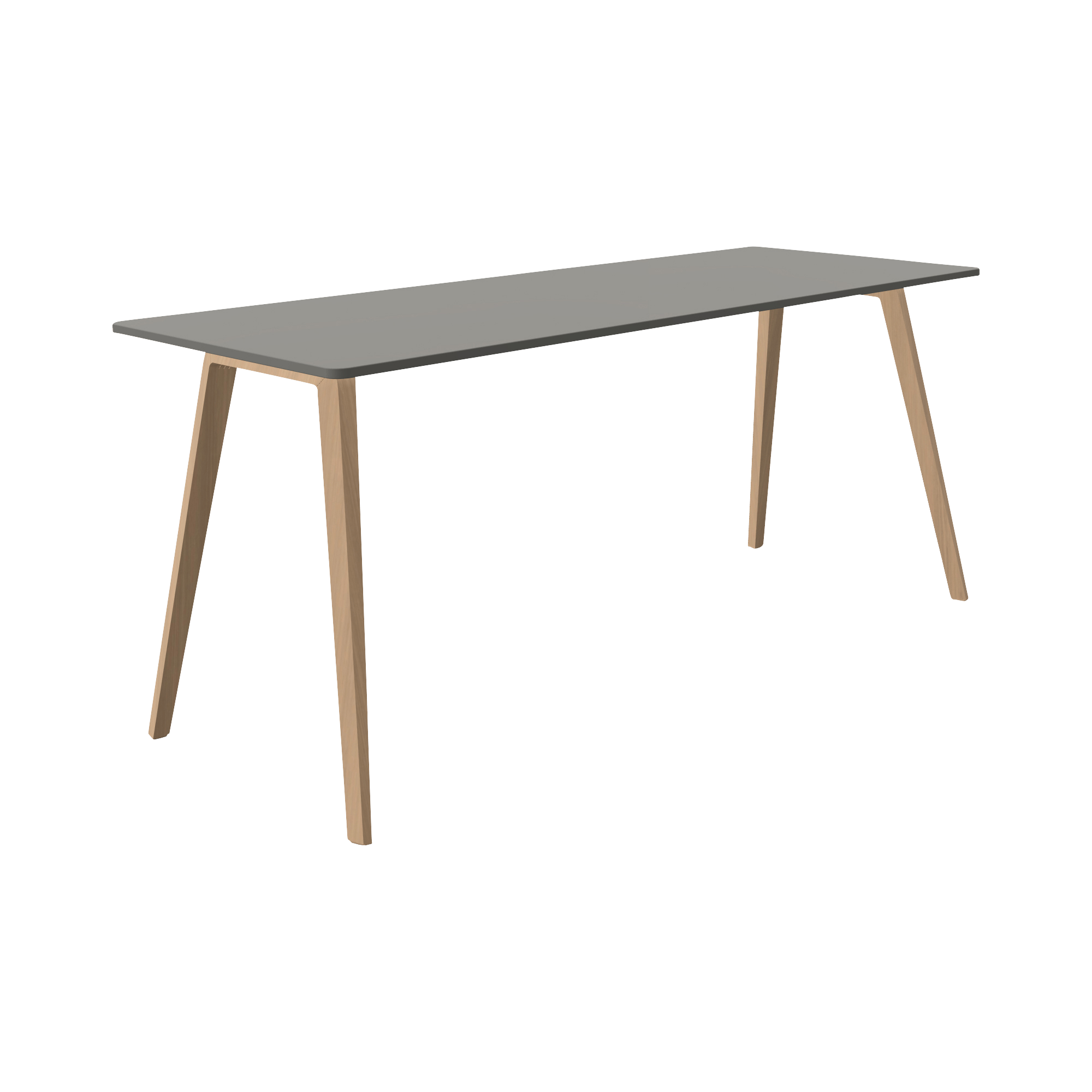 A grey table with wooden legs