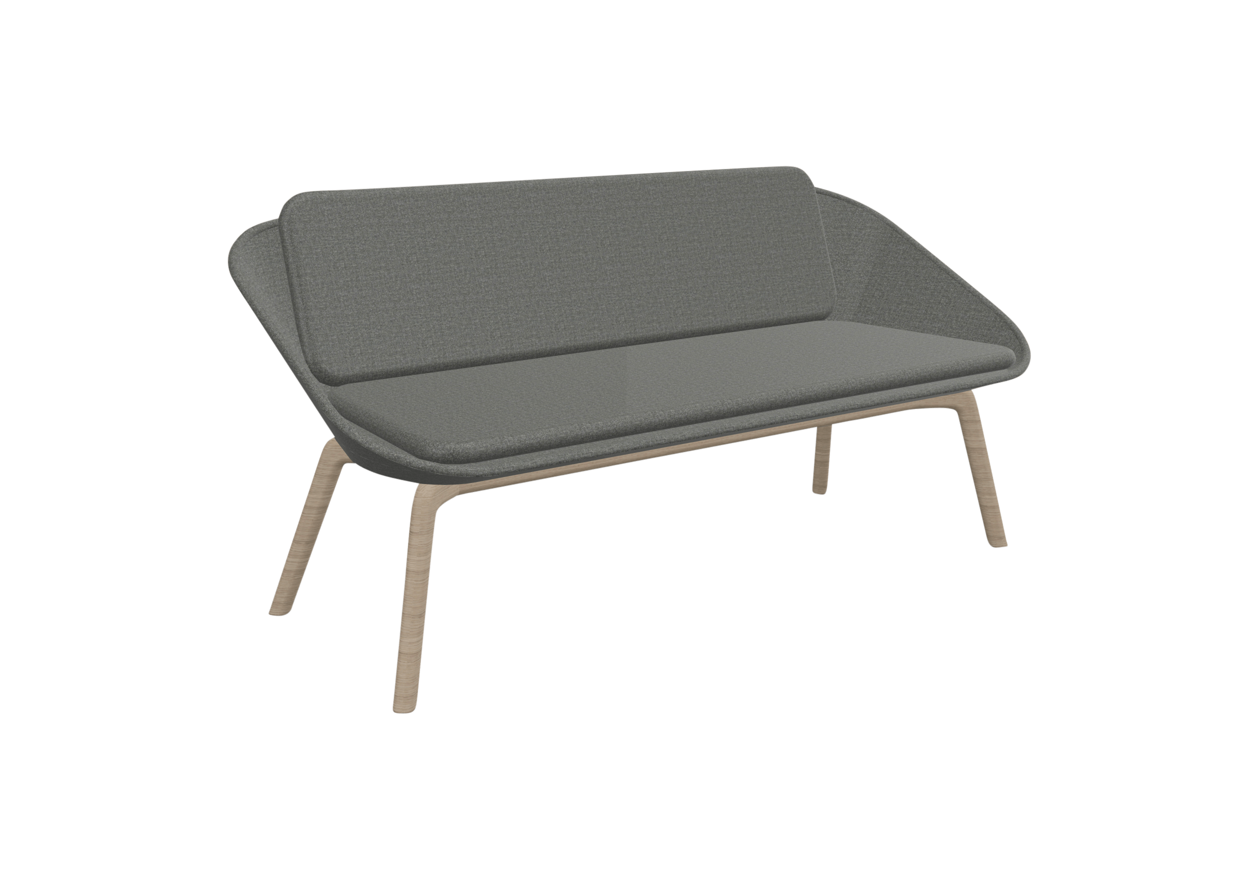 A grey sofa with wooden legs