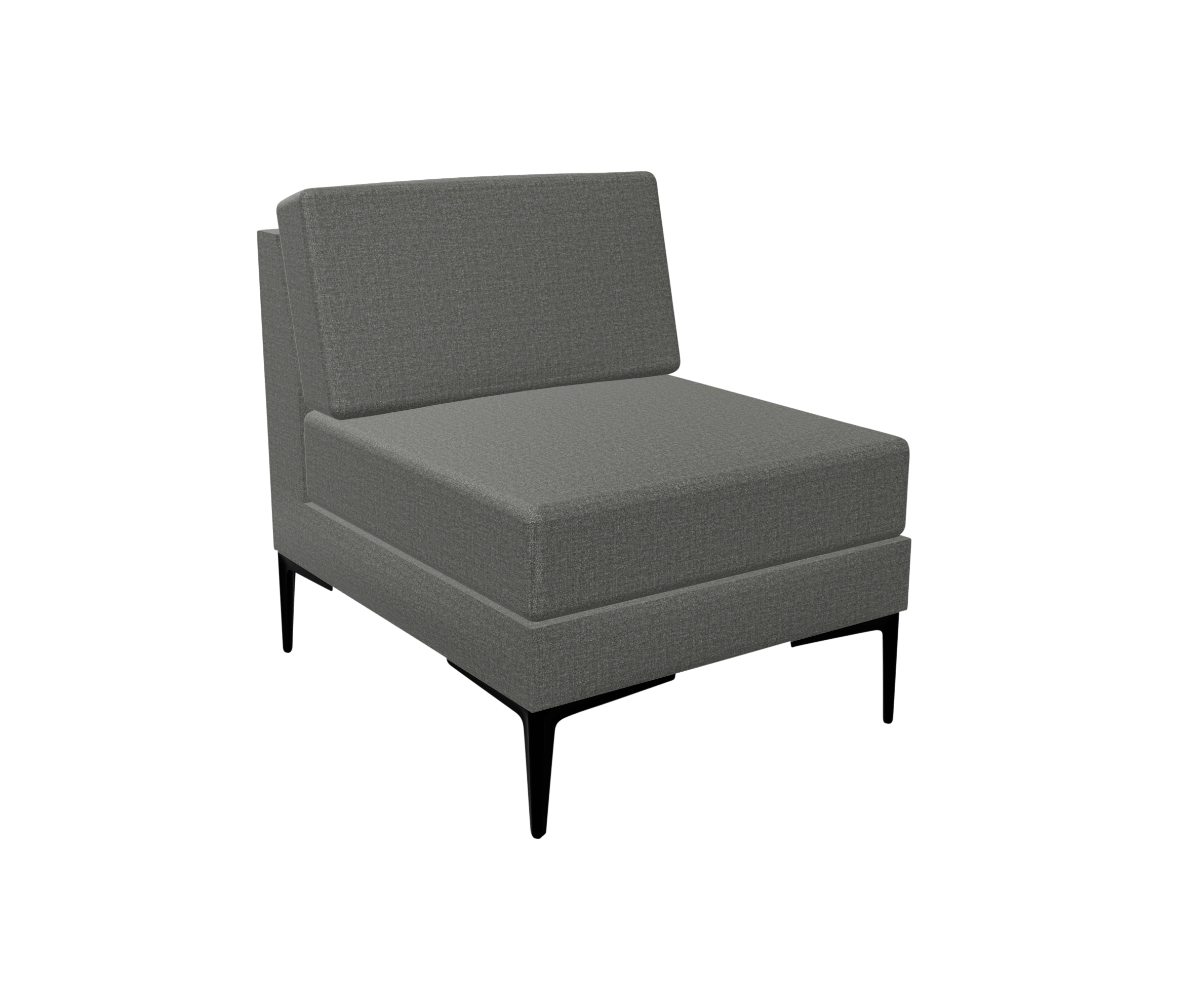 A grey office sofa with black legs.