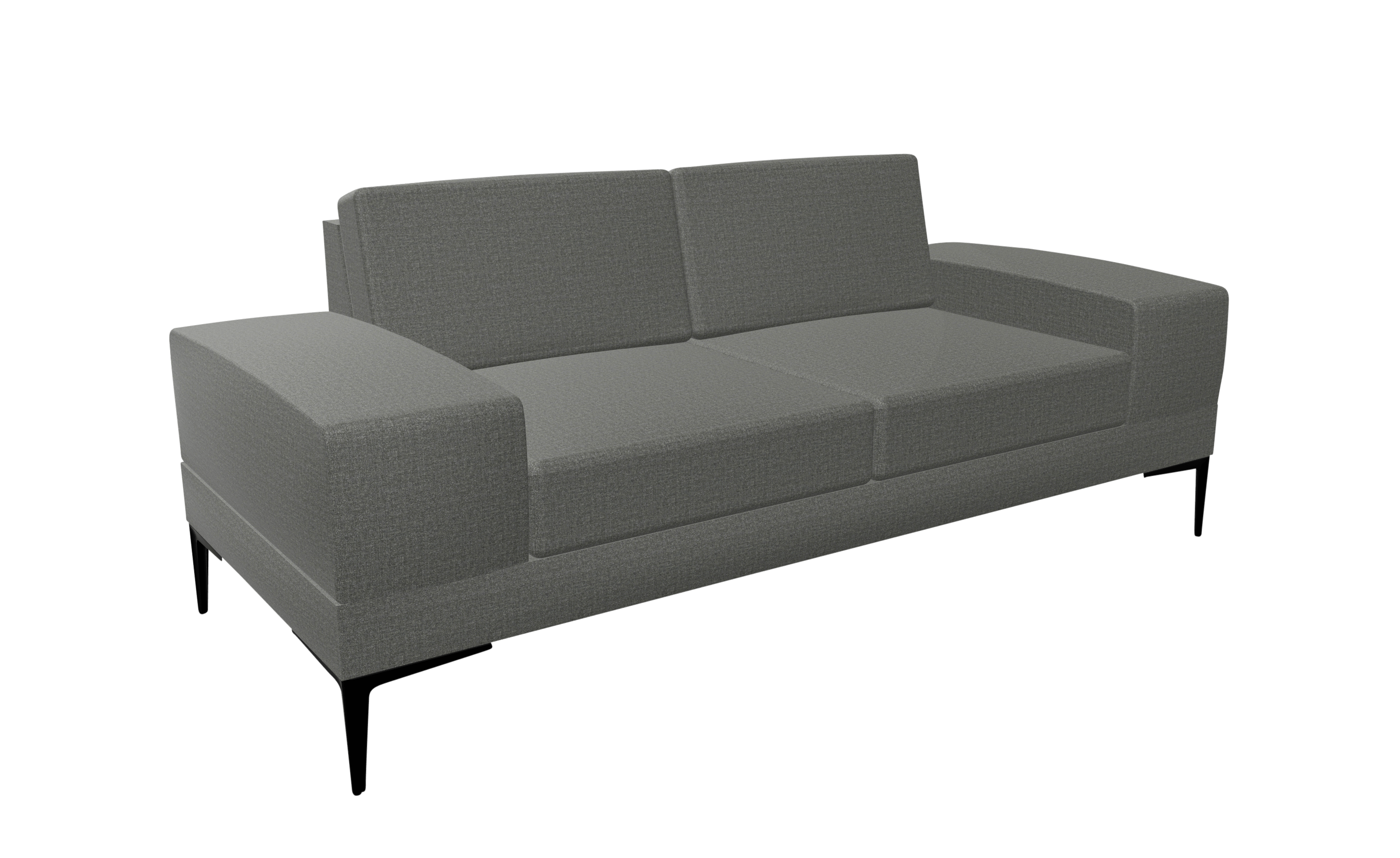 A grey office sofa with black legs .