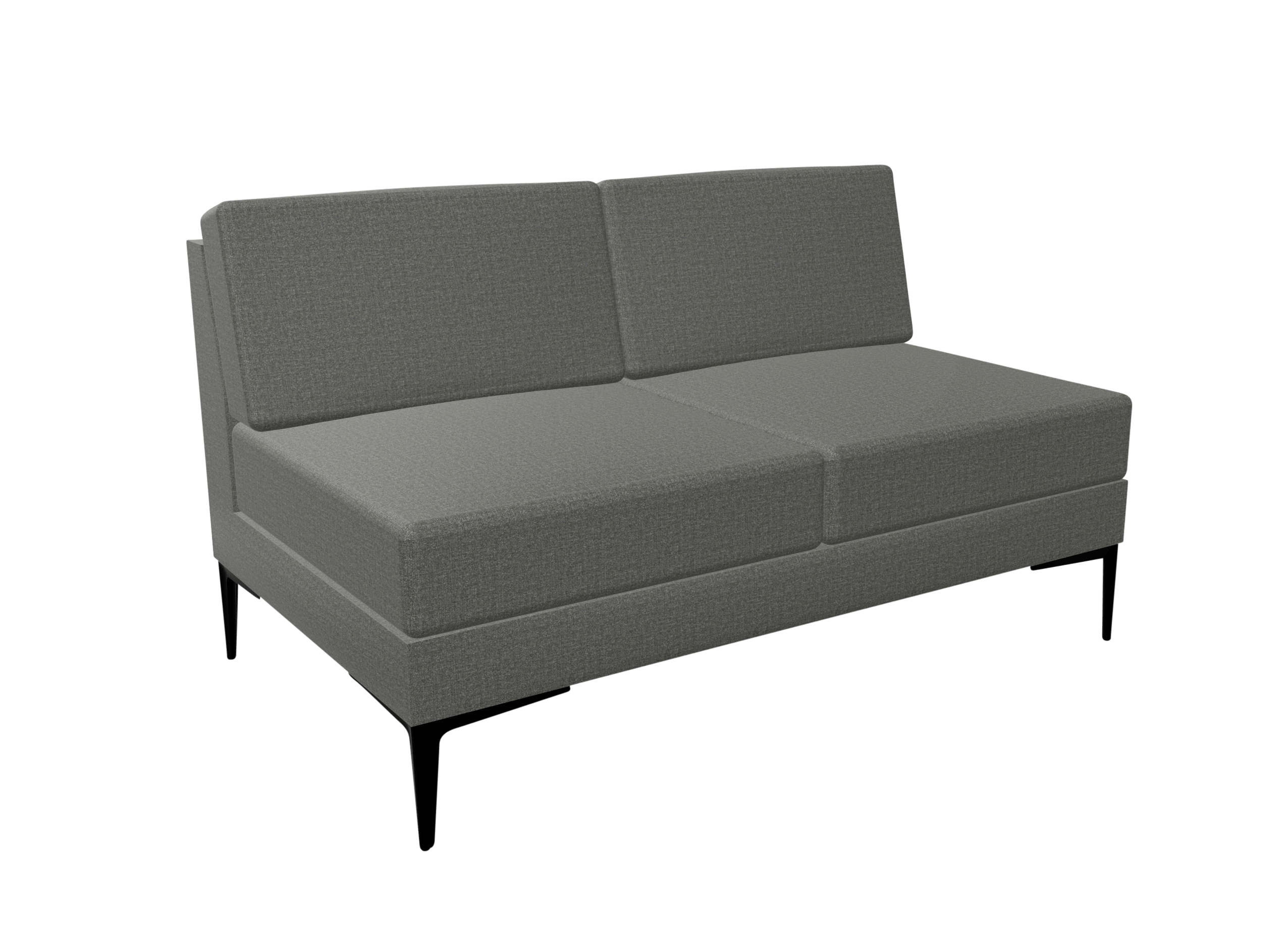 A grey office sofa with black legs .