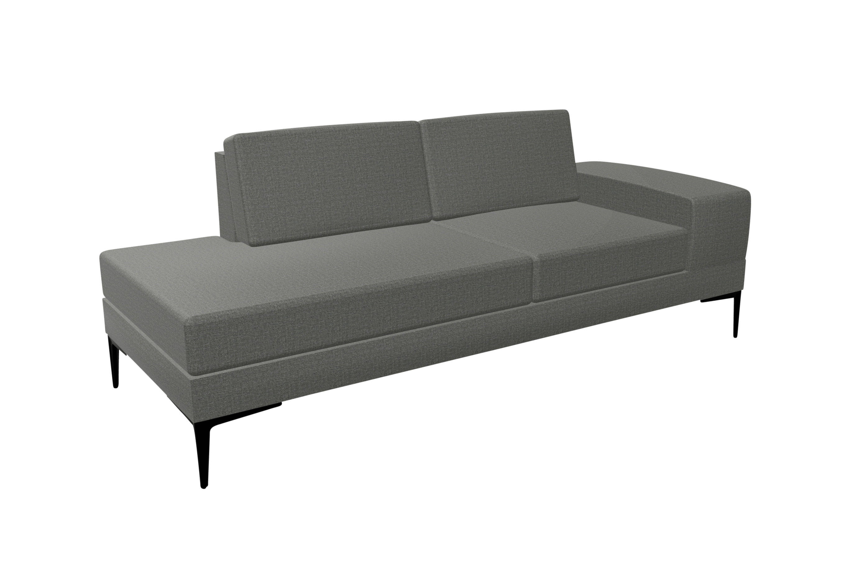A grey sofa with black legs