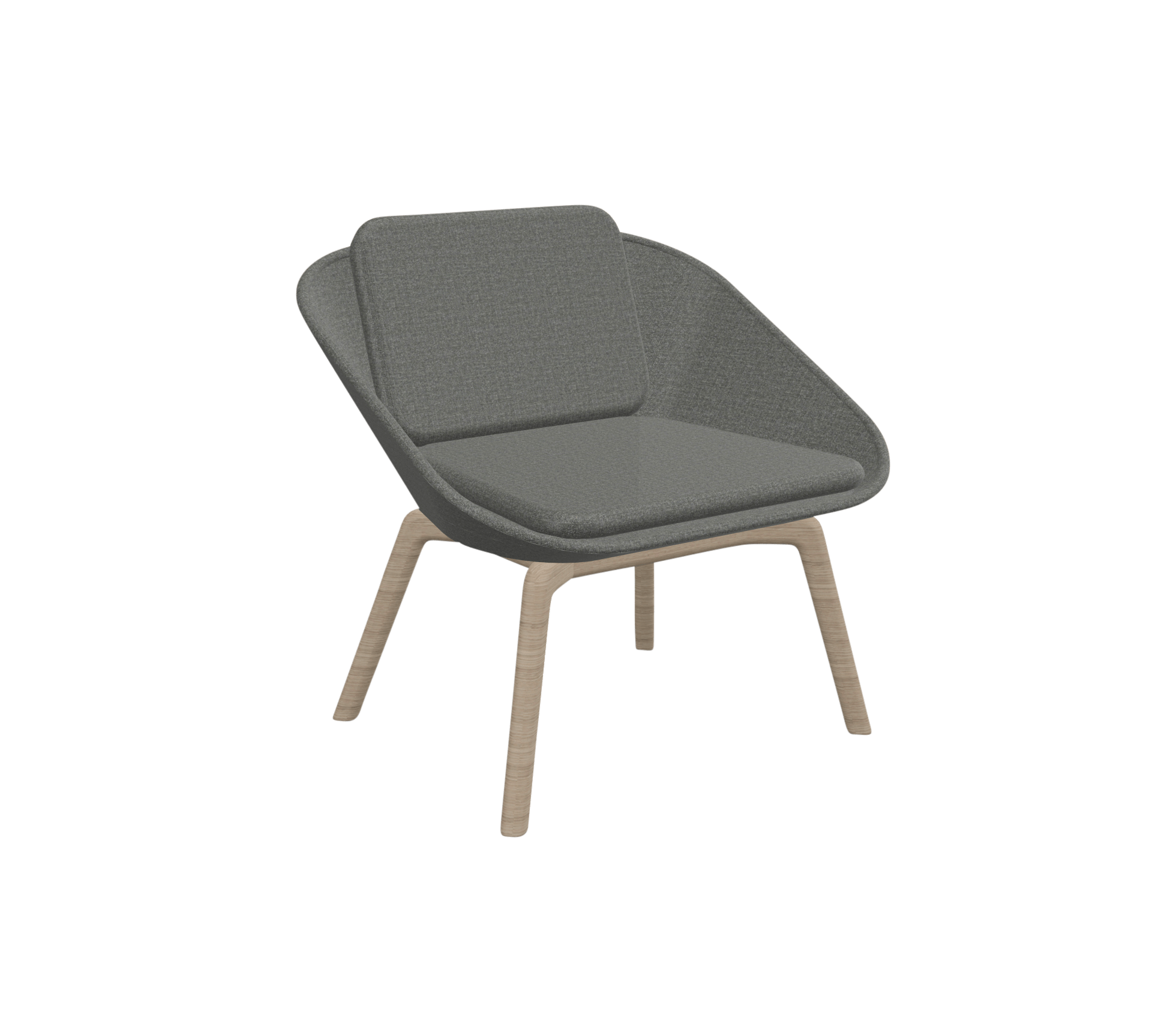 A grey lounge chair with wooden legs.