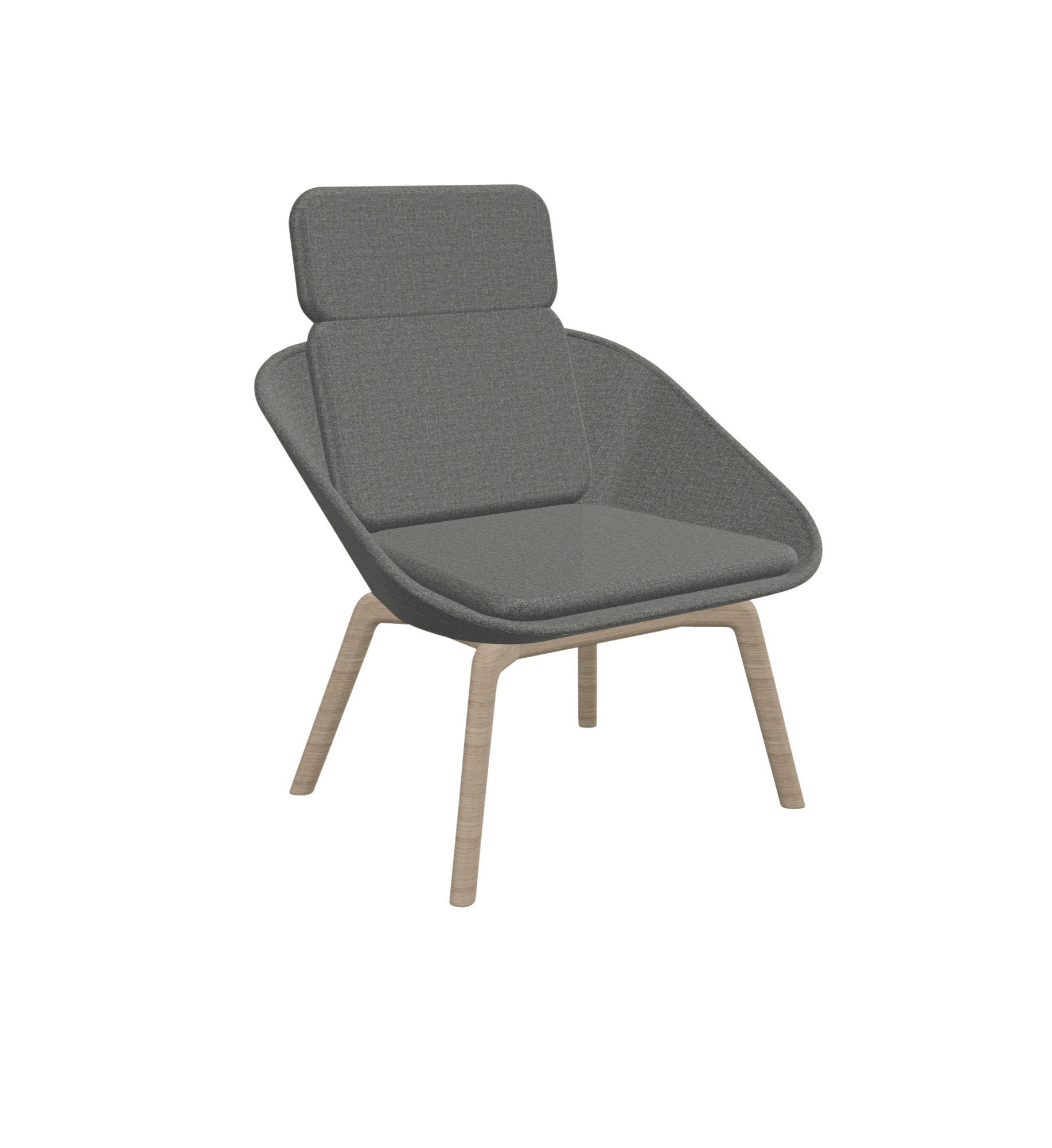 A grey lounge chair with wooden legs.