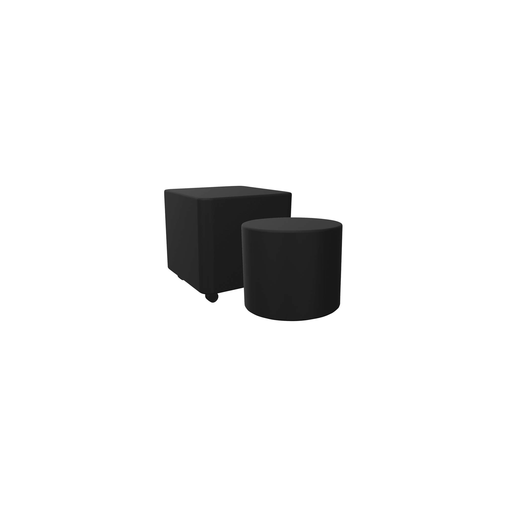 A black cuboid and a black cylindrical stool