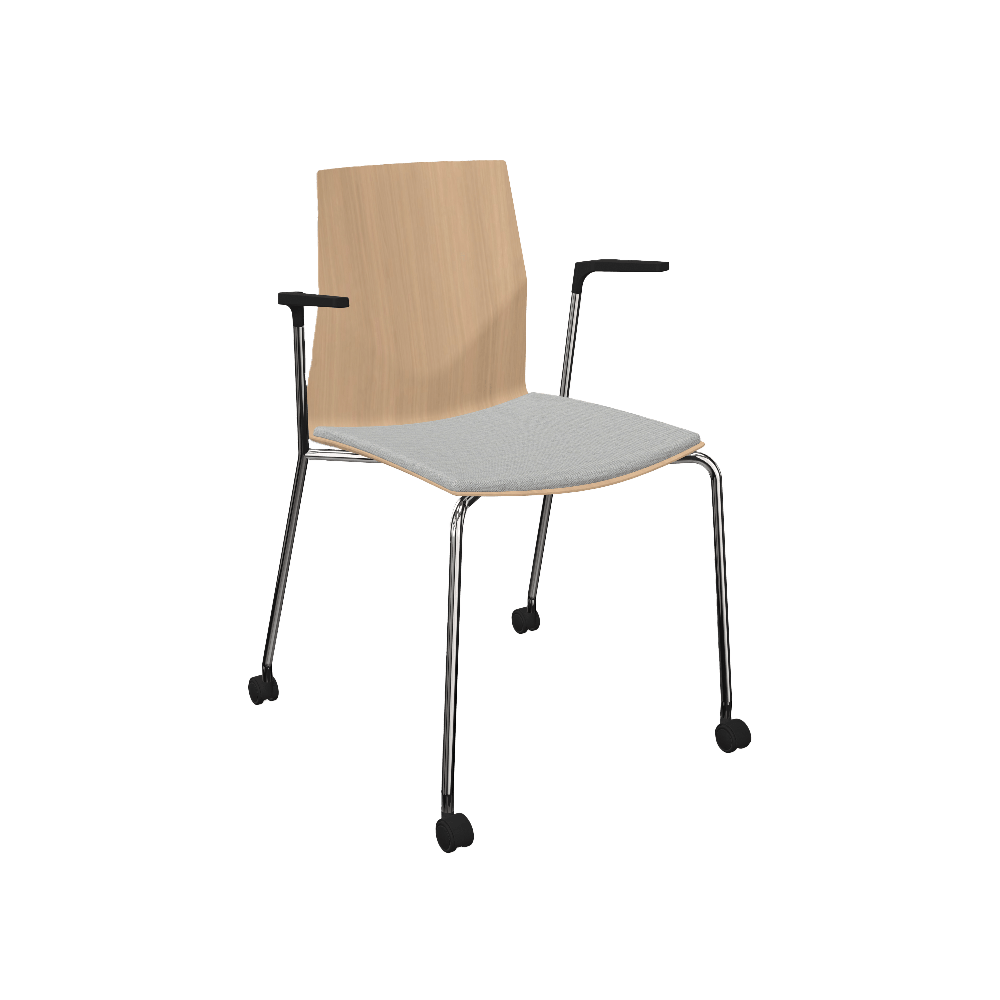 wooden chair with grey seat and arm rests