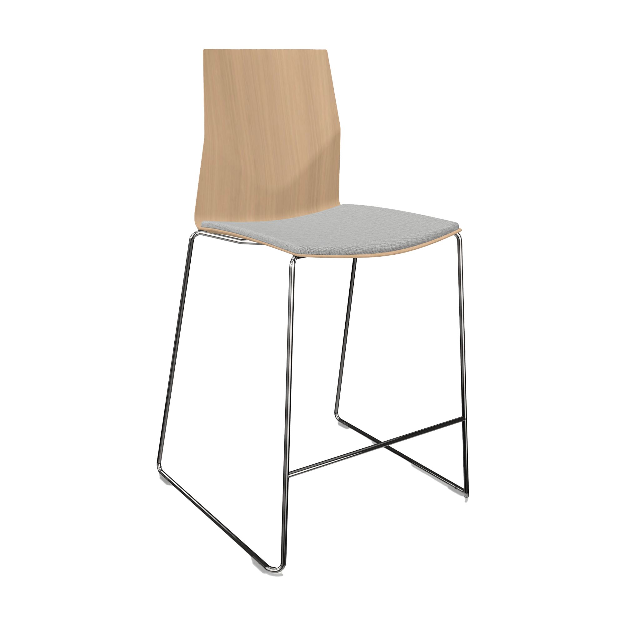 medium height counter chair with wooden seat and two chrome legs