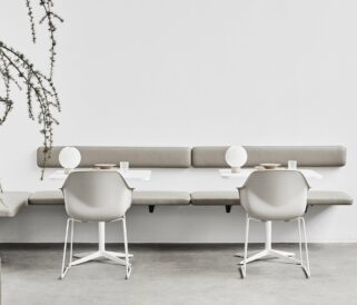 office wall benches with white tables