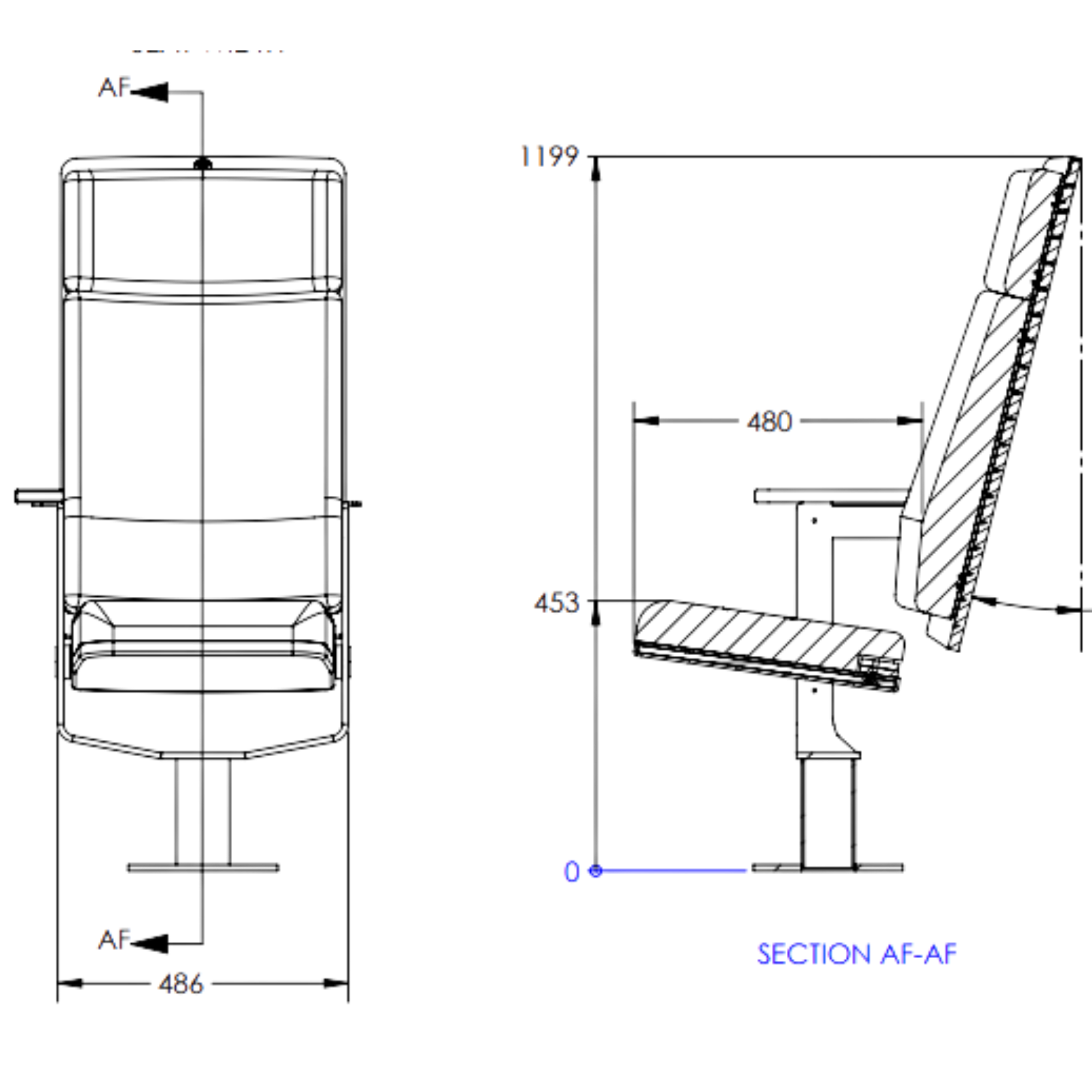 Drawing of high back Broadway seat by Race Designers