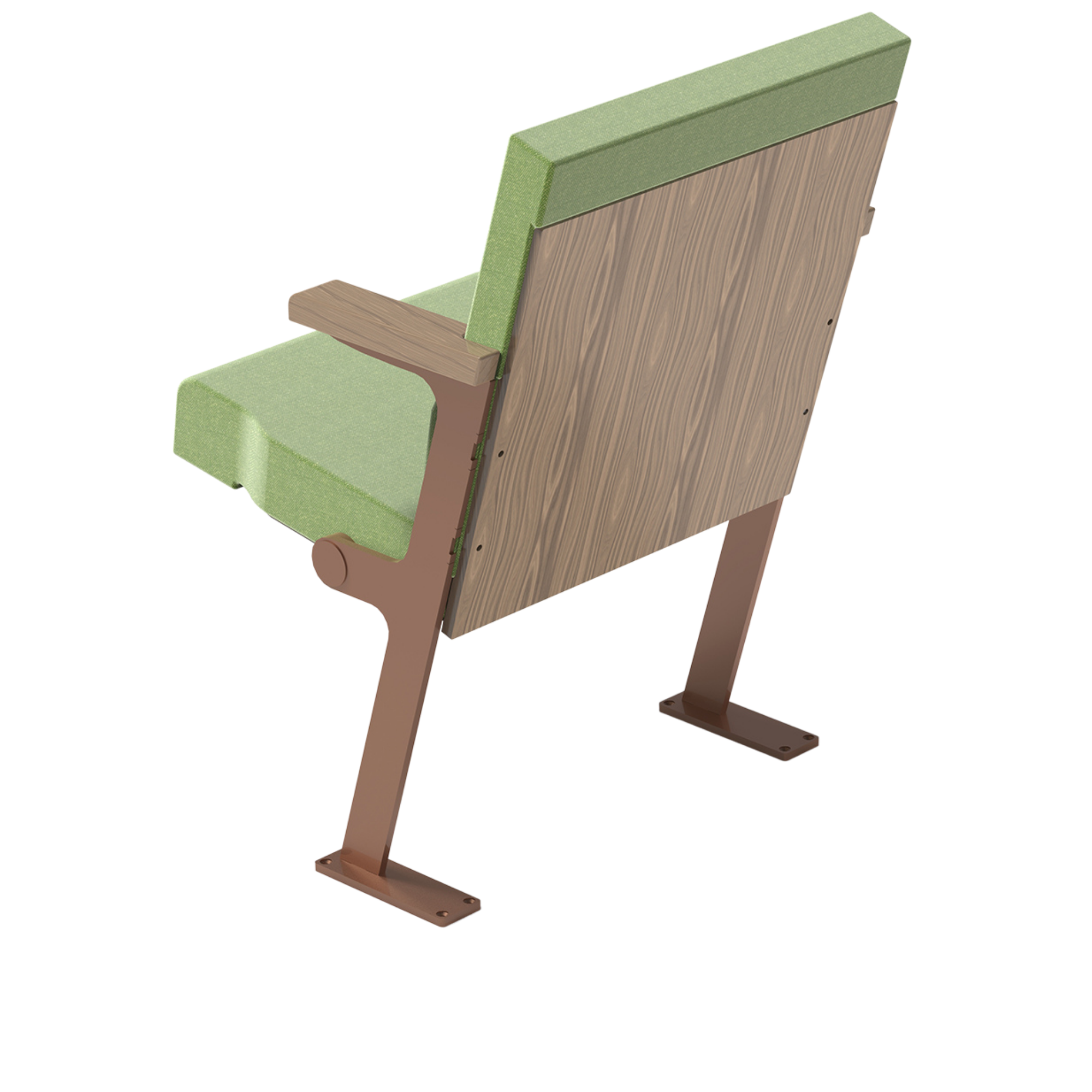 A green upholstered tip up chair with a wooden frame.