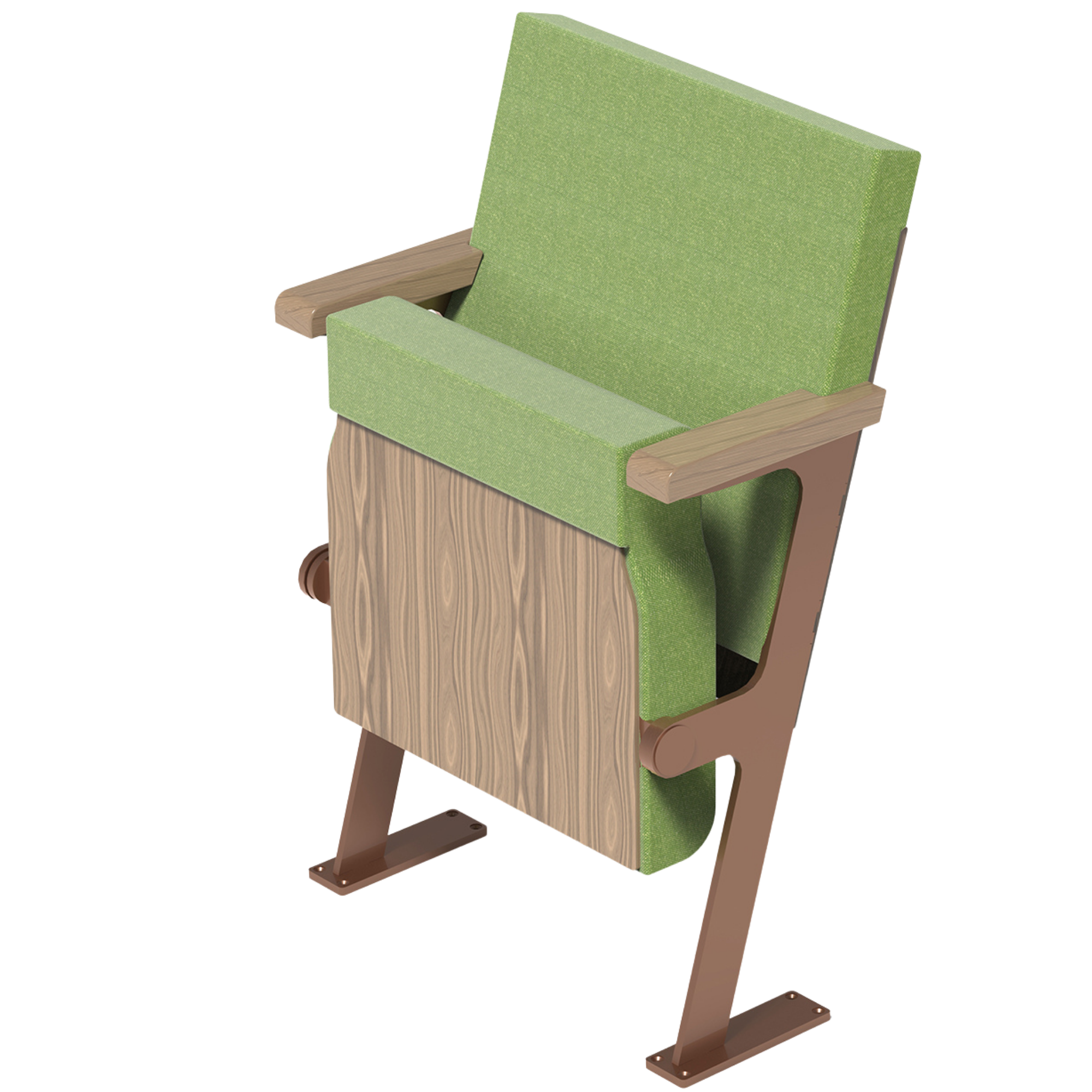 A green upholstered tip up chair with a wooden frame.