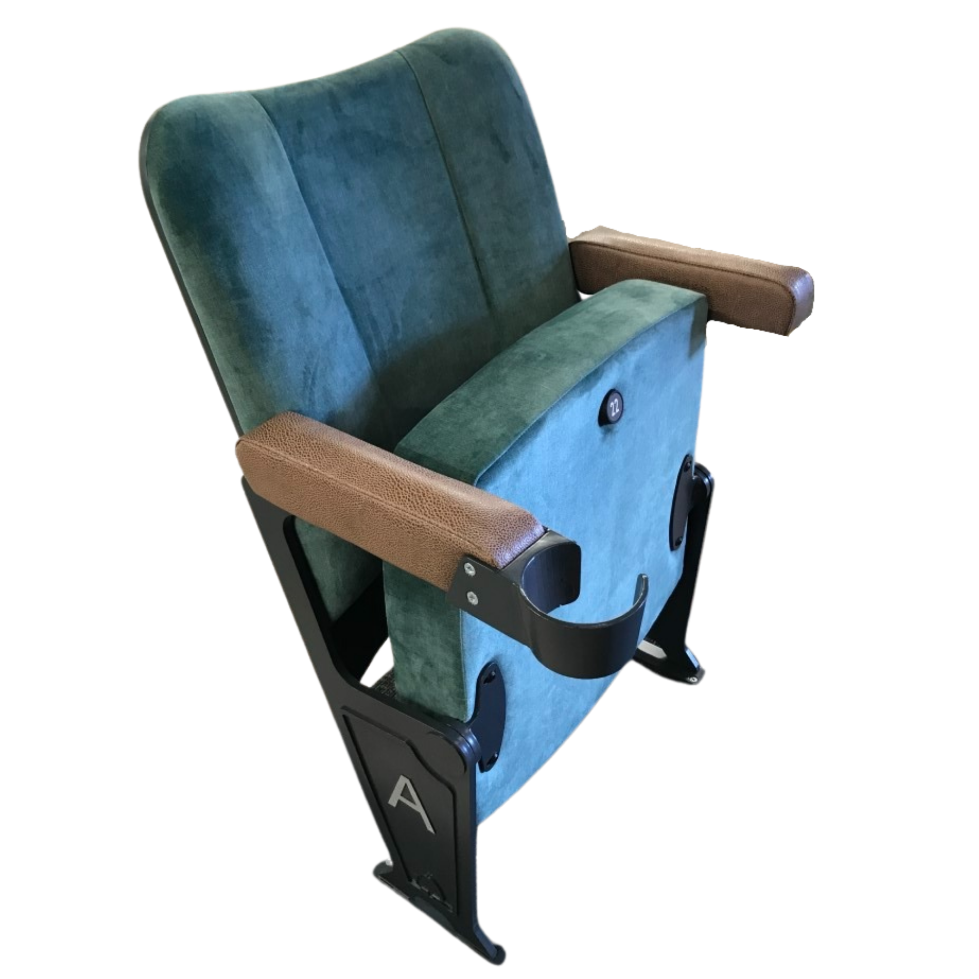 A blue velvet theater chair with a wooden armrest.