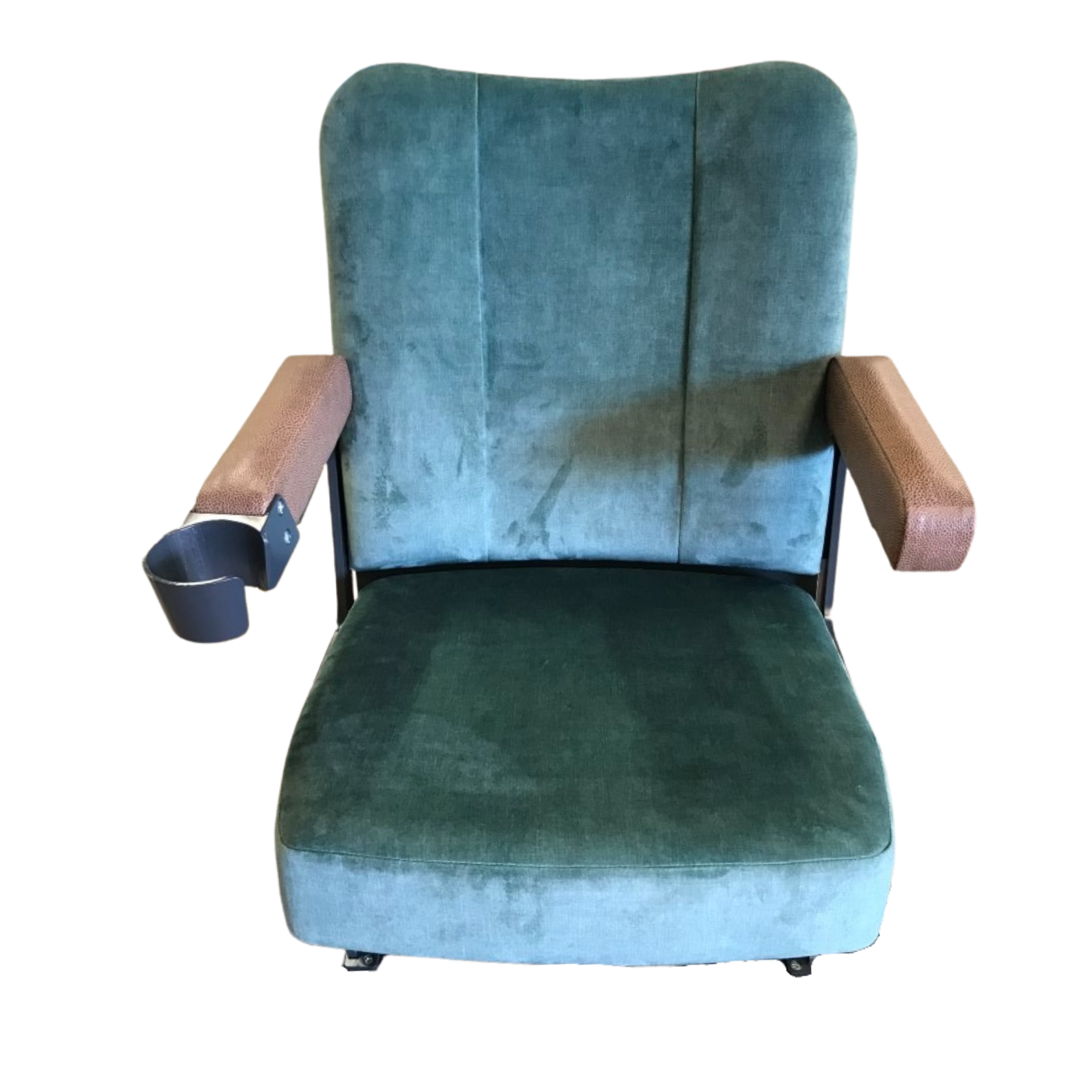 A blue velvet theater chair with a wooden armrest.