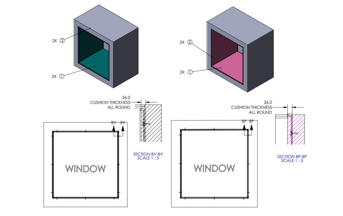 Drawings of window cushions for the Abacws building at Cardiff University
