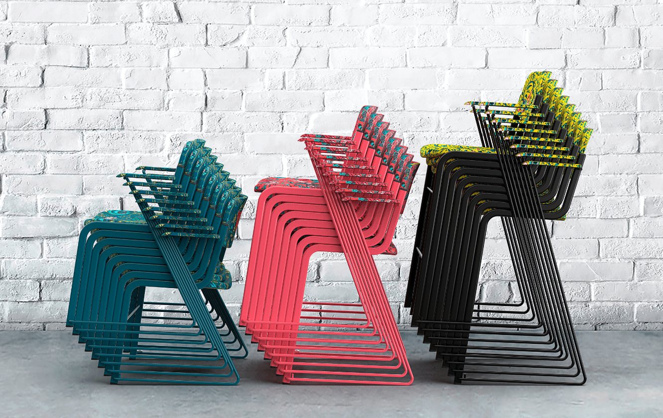 three stacks of stackable chairs