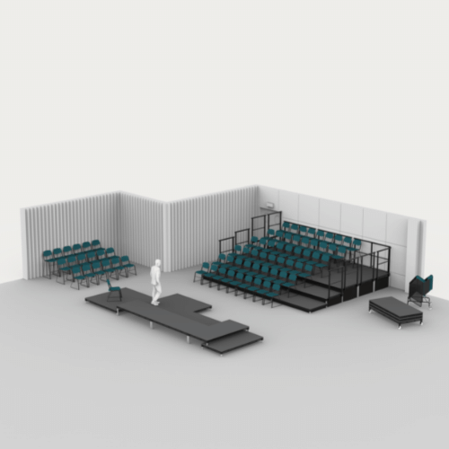 a 3D computer generated image of a modular tiered seating and staging system