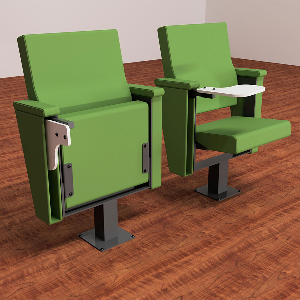 green tip up seating with white trays