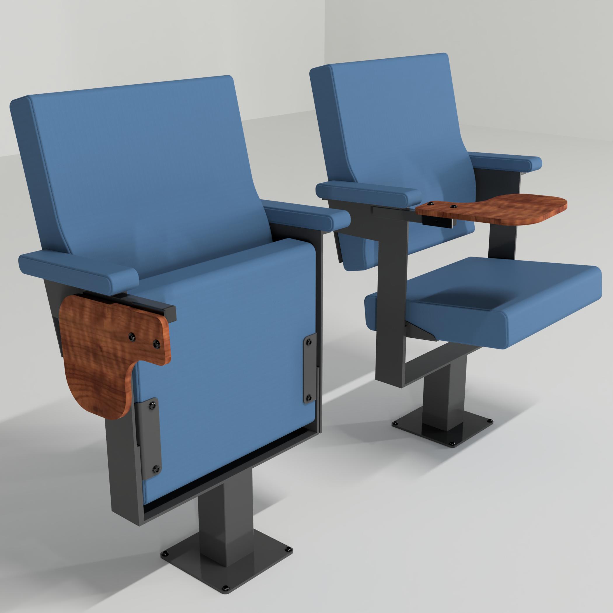 blue tip up seating with wooden trays