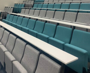 Rows of tip up seating in an auditorium.