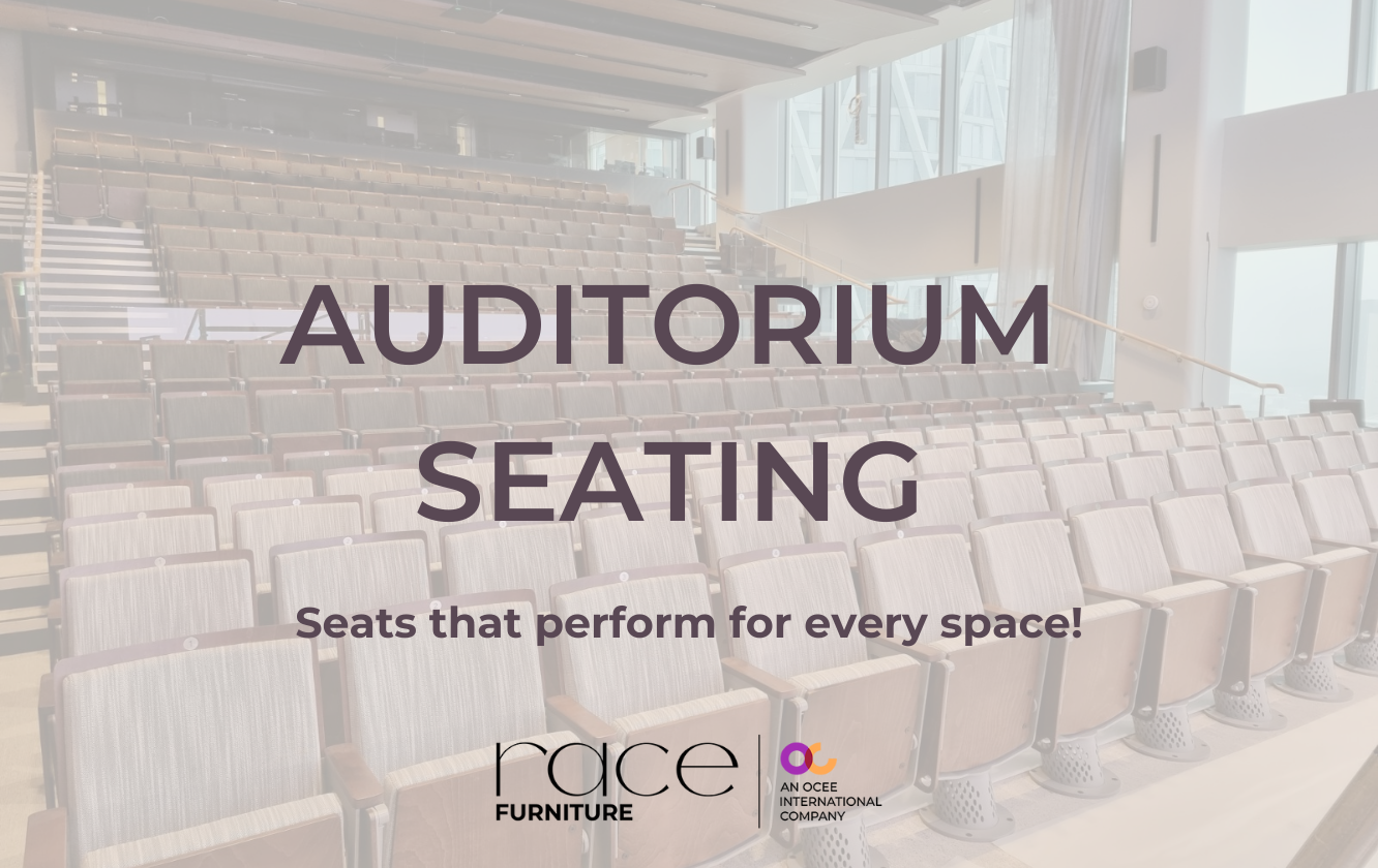 Front cover for Race Furniture's Auditorium Seating with some grey seats in the background