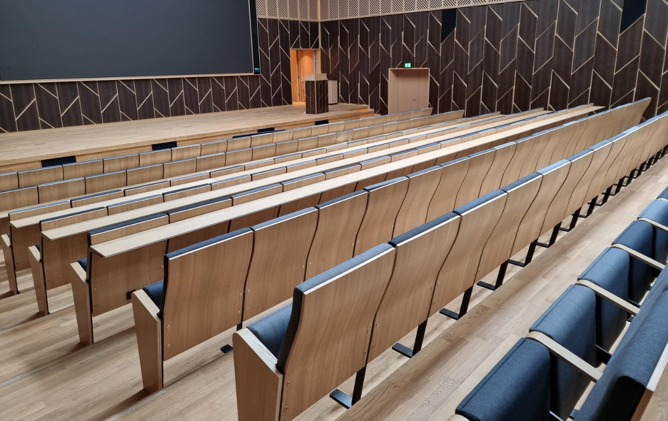 The wooden backs of chairs in an auditorium